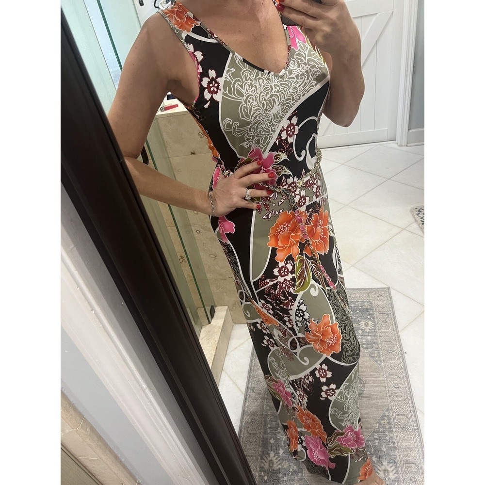 Cache Stretchy Maxi Sundress L Jersey Tropical Floral Print Brown Belted Fall
